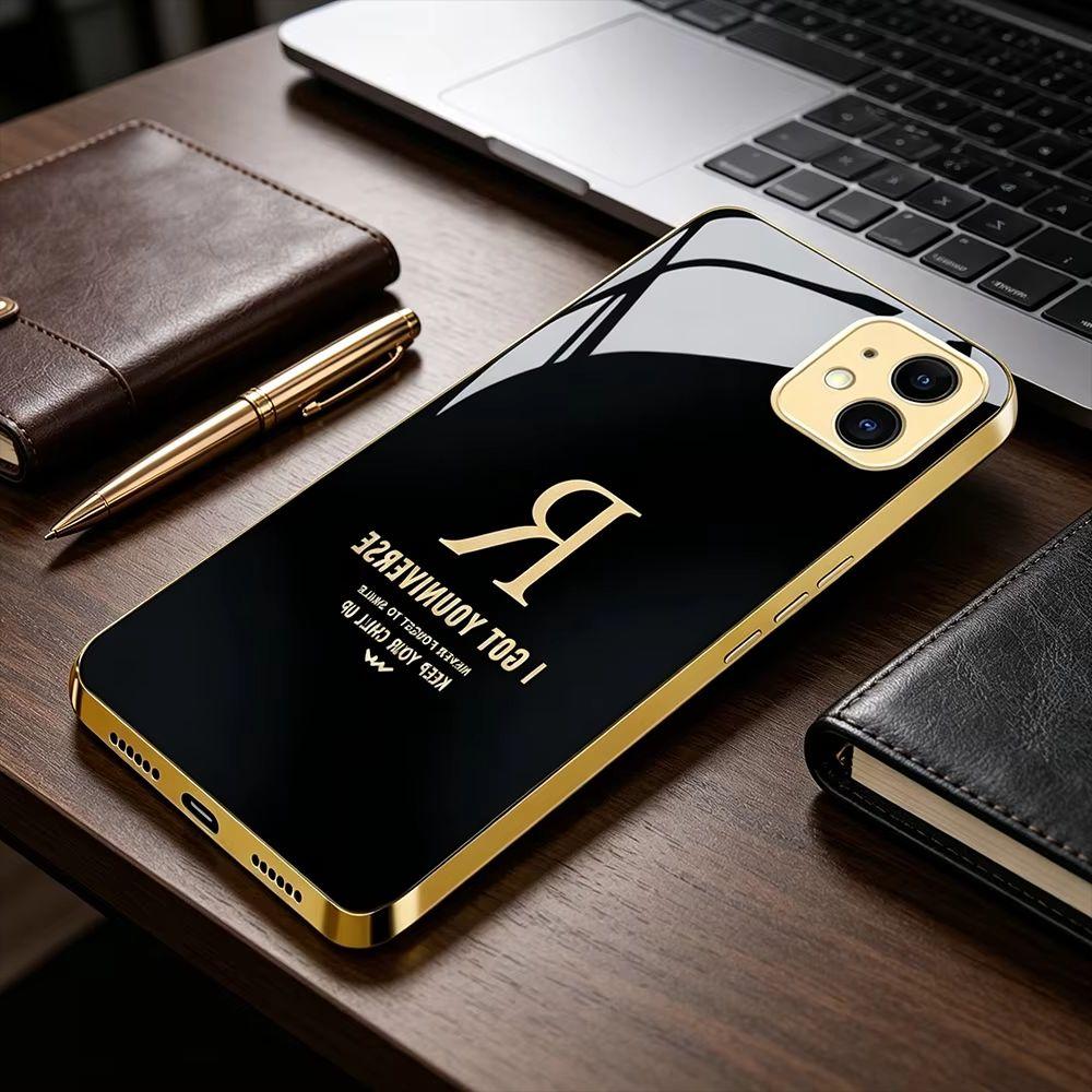 Electroplated glass phone case letter "R" design golden frame For iPhone 17 Air 16 Pro 15 Pro Max 14 Plus anti-drop protection