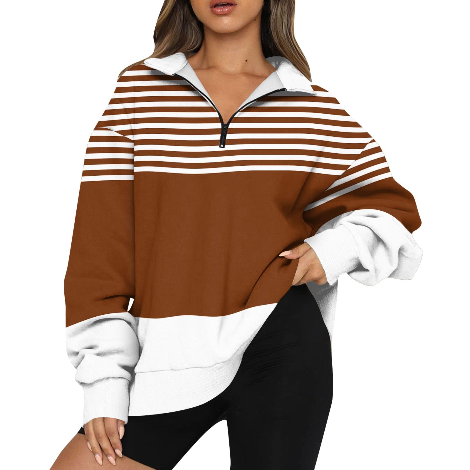 

Жіночий світшот Модний світшот з довгими рукавами в смужку та напівзастібкою з принтом L коричневий