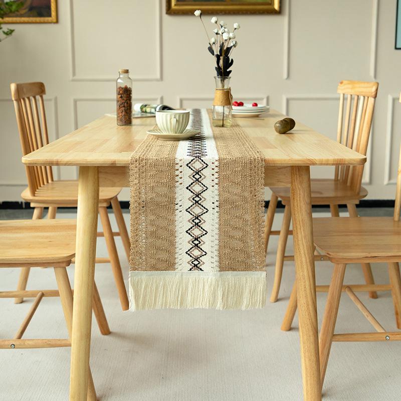 Bohemian Table Runner,Rustic Linen, Boho Table Runners,Braided Striped, Handmade Table Runners with Tassel for Wedding, Dinning