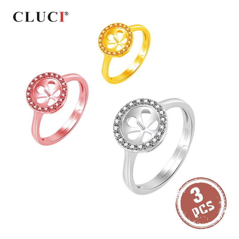 CLUCI 3pcs Silver 925 Women Round Adjustable Rings Zircon Pearl Ring Mounting 925 Sterling Silver Open Rings Jewelry SR2127SB