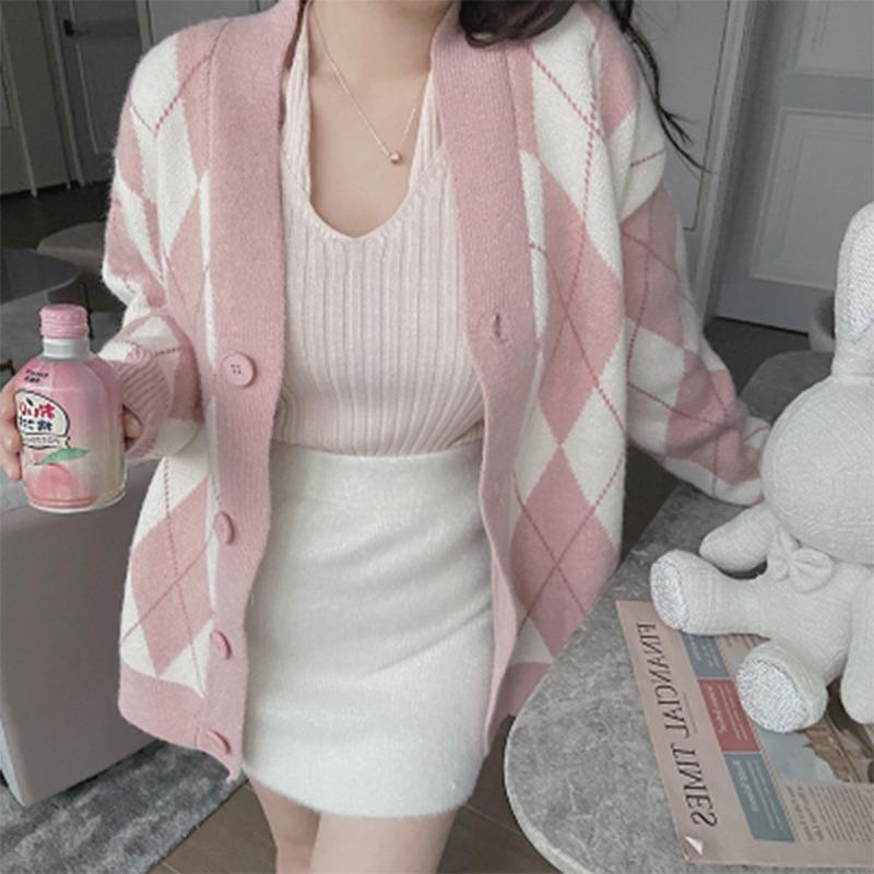 Autumn/Winter Fashion New Loose V-neck Argyle Cardigan Sweater Loose Long Sleeved Casual Clothing Elegant Rhombus Office Single-breasted Knitwear Top