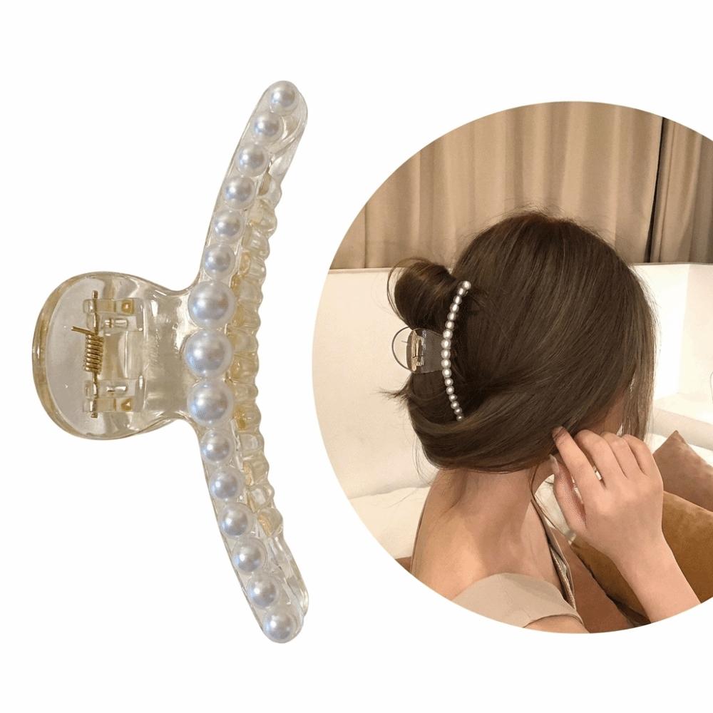 Big Size Pearl Hair Claw Pearl Decor Hairpin Elegant Shark Clip Daily Styling