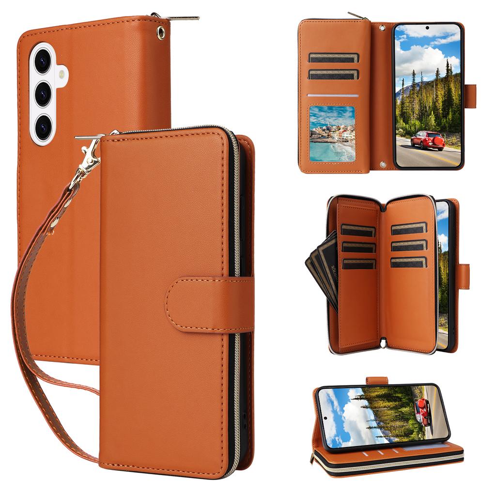 For Samsung Galaxy S26+ Case 9 Card Slots Zipper Pocket PU Leather Phone Cover with Wrist Strap