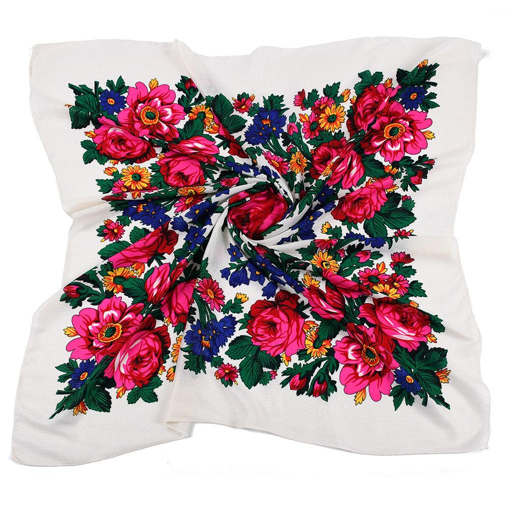 110*110Cm Golden Silvery Wire Russian Square Scarf Women Luxury Floral Print Handkerchief Ethnic Shawl Babushka Bandana Scarves