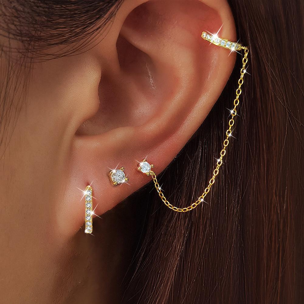 Fashion Zircon Eye Leaf Shaped Dangle Earrings Set for Women Stainless Steel Chain Ear Stud Ear Clip Trend Birthday Jewelry Gift