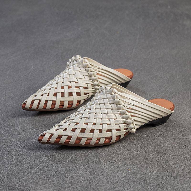 

Johnature Handmade Weaving остроносые тапочки на низком каблуке из натуральной дышащей кожи женские туфли 40 бежевый