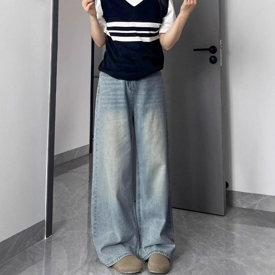 Big Yards Straight Light Blue Jeans Women's Spring High-waisted Loose Drag Ground Hundreds of Matching Thin Drapey Broad-legged Trousers Denim Pants