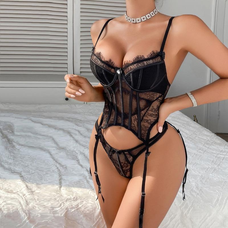 Lingerie Hot e Sexy da Donna Seducente Pizzo a Pois Ciglia Corsetto Set 2 Pezzi Intimo Fiocco Stecche Body Intimo Costumi Erotici