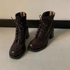 Women's Western Block Heel Leather Shoes Fall New Round Toe Lace-Up Rear Zip Anti-Slip Booties