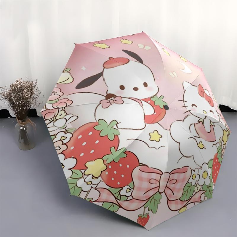 1pc Hello Kitty & My Melody Floral Wreath Automatic Opening/Closing Umbrella with Convenient Three-Fold Design, 8-Bone Iron Frame, Outdoor, Perfect Gi