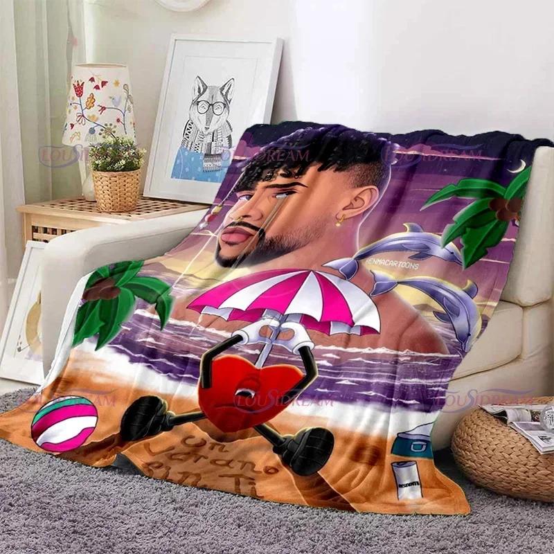 Cartoon Bad Bunny Coperta Coperte di flanella Musica pop latina Coperte calde in pile di peluche per biancheria da letto per divano adulto per tutte le stagioni