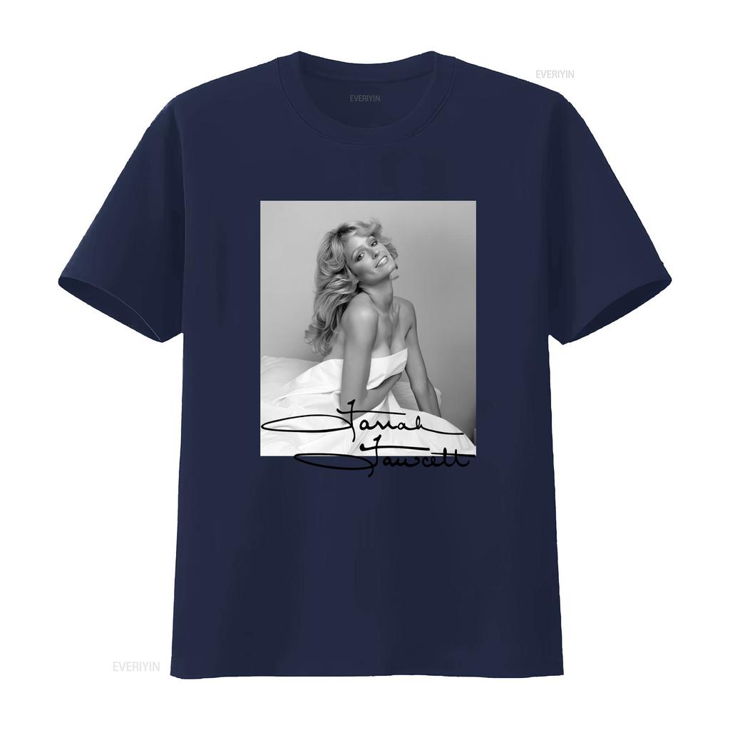 Vintage Retro Farrah Fawcett Black White Portrait Signature Print Casual T Shirt vintage Washed Soft Unisex Stretched fashion