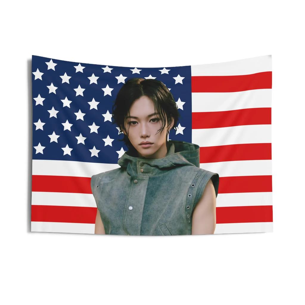 K-Pop Boy Idol Portrait Tapestry American Flag Background Flat Print Wall Hanging For Music Fans Bedroom Dorm Decor
