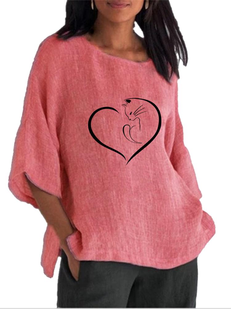 Damenmode Rundhals Print Shirt Frühling&Sommer 3/4 Langarm Top Damen Baumwolle Leinen Bluse