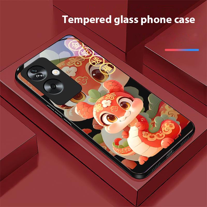 New Cartoon Snake For Oppo A79 5G 58 78 74 60 4G Reno 11F Realme GT 6 11 Note 50 10 C55 X2 Tempered Glass Black Phone Case