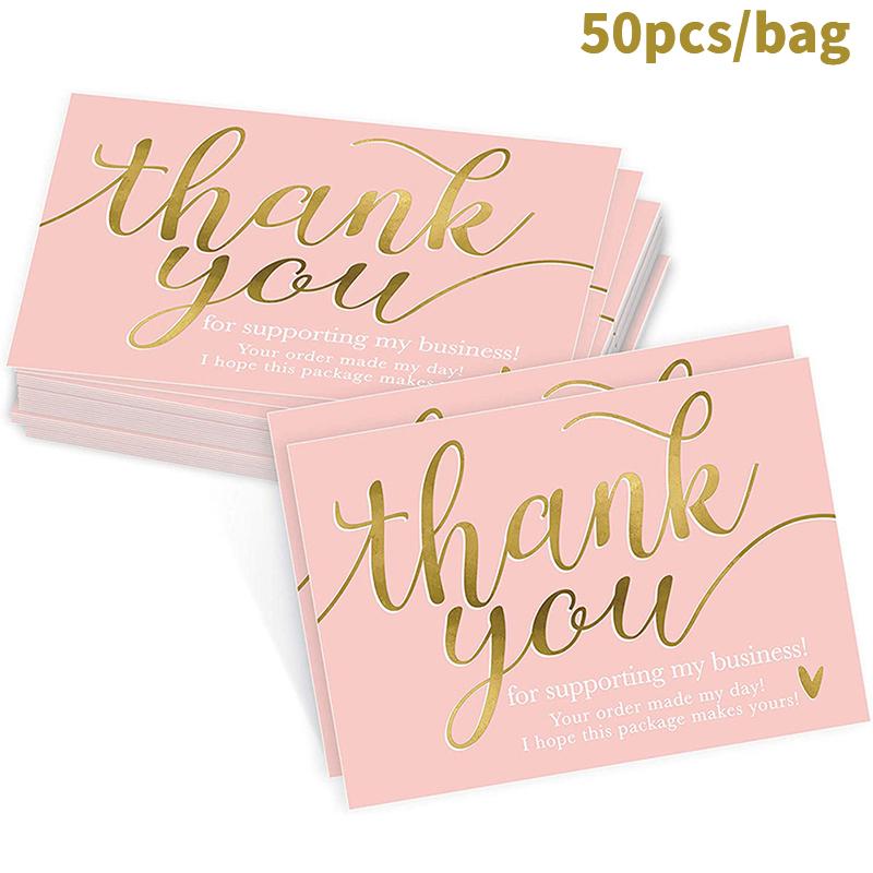 50Pcs Pink Thank You For Supporting My Small Business Card Thanks Greeting Card Appreciation Cardstock For Sellers Gift onesize