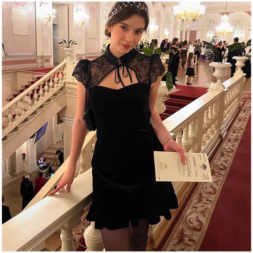 Summer 2026 Elegant Black Lace Hollow-Out Mini Dress for Women Small чёрный
