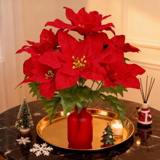 Yousheng Simulated Flowers Lifelike Plant with Green Leaves Red Flower Flannel Christmas Fake Foliage Home Office Decor