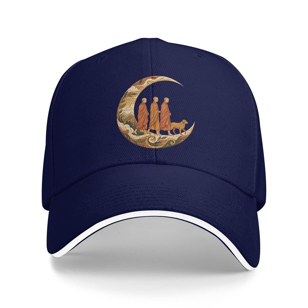 Walking for Peace Monks and Dog in a Crescent Moon Sun Baseball Cap Summer Couple Trucker Hat Sun Vintage Hunting Snapback Cap