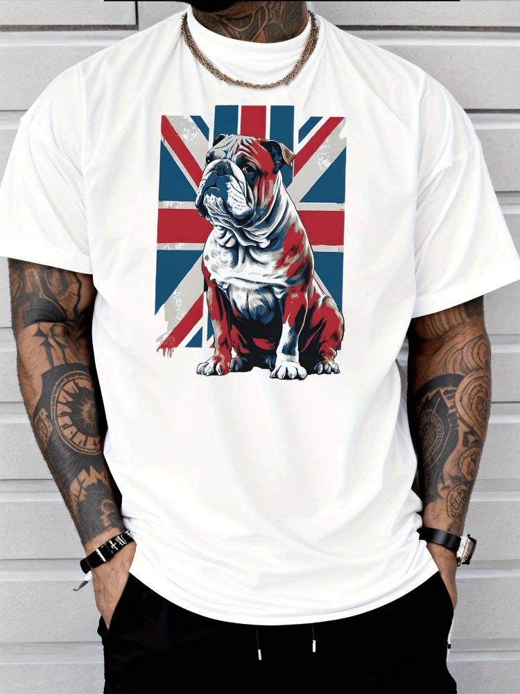 Mens Crew Neck British Flag Bulldog Graphic Short Sleeve Cotton Tee Casual Summer Streetwear Lo