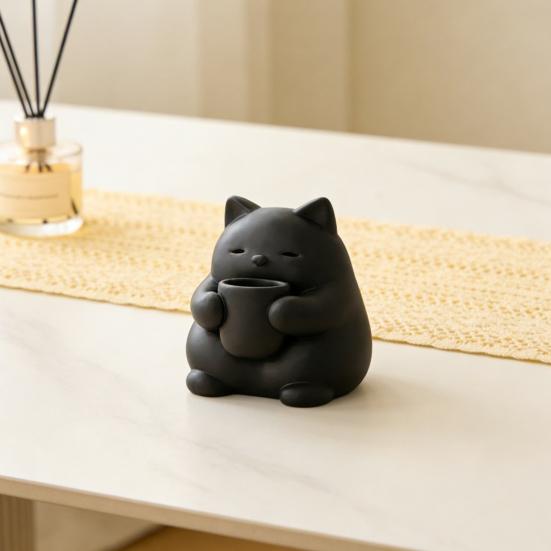Mini Cute Cat Figurine 3D Printed Drinking Tea Cat Statue Small Desktop Ornament for Living Room Bedroom Office Shelf Decor