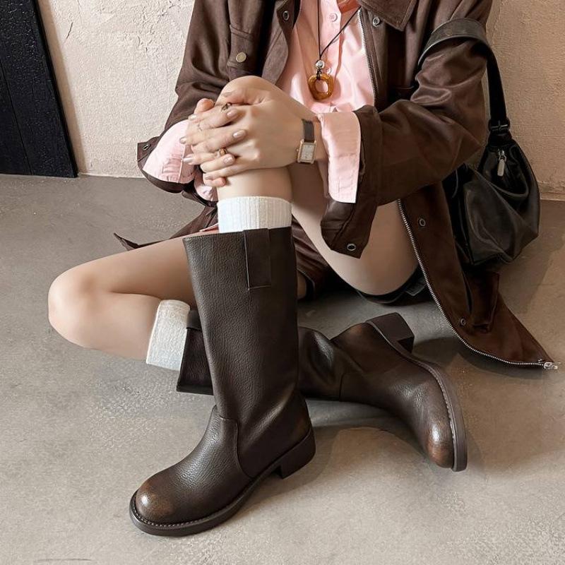 Autumn and Winter Women's Leather Boots Leather Large Size Knight Boots Solid Color Sleeve Large Tube Circumference Women's Boots New Cowhide High Boo