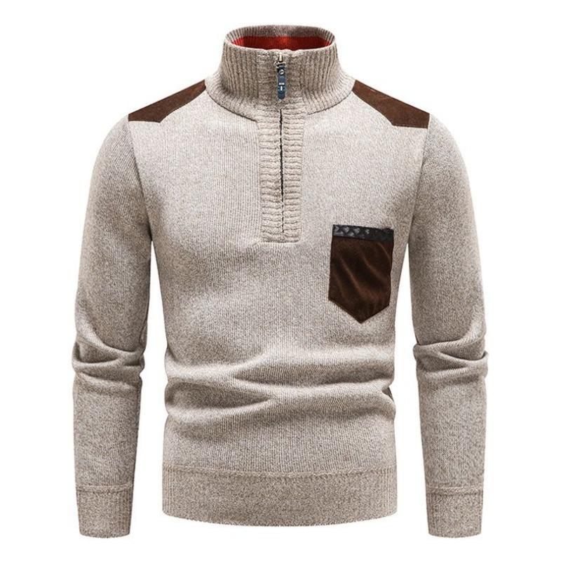 Thickened Velvet Sweater Men's Patch Half Sweater Half Zipper Pullover Casual Top