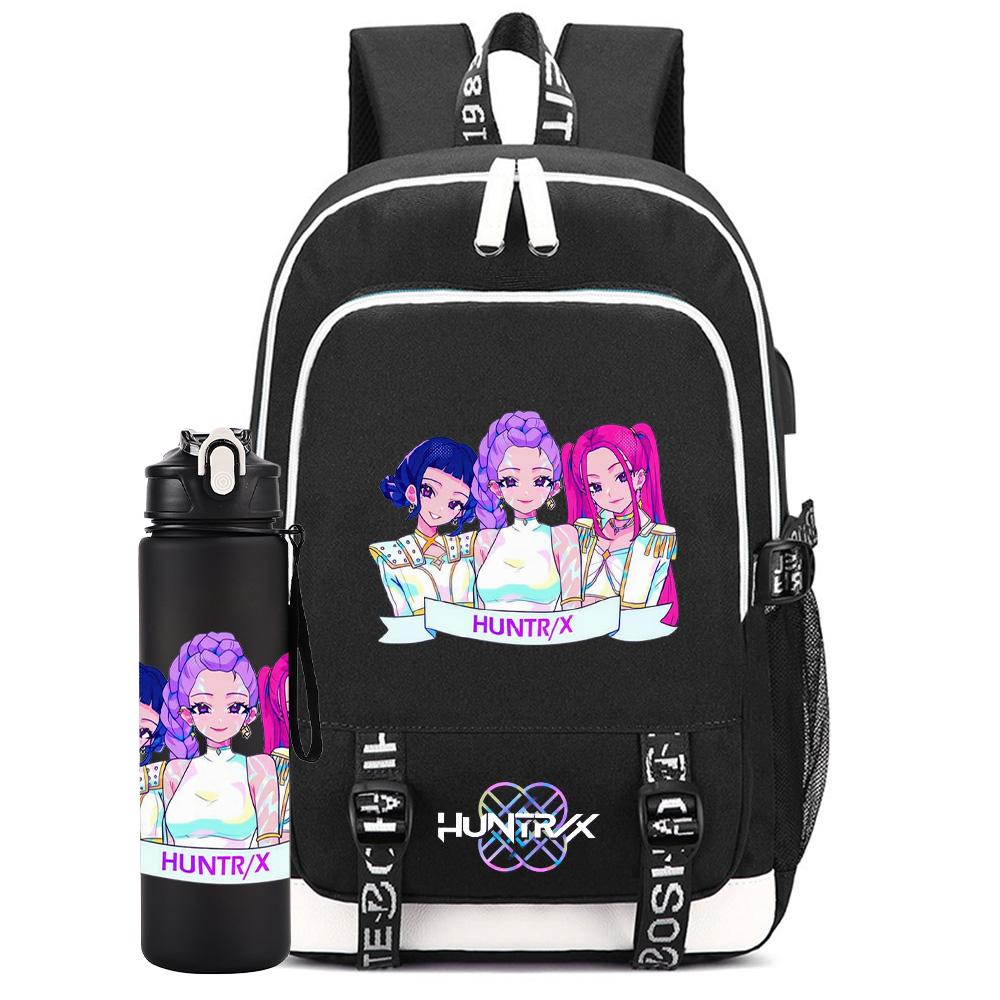 2Pcs/set Anime K-Pop Printed Backpack with 750Ml Water Bottler for Teenager Student Girl Boy Bookbag Kid Gift Large Capacity Travel Bag Rucksak