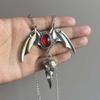 Charm Gothic Blood Red Oval Glass Crystal Sliver Color Vampire Bat Death Crow Skull Pendant Necklace for Women Halloween Jewelry