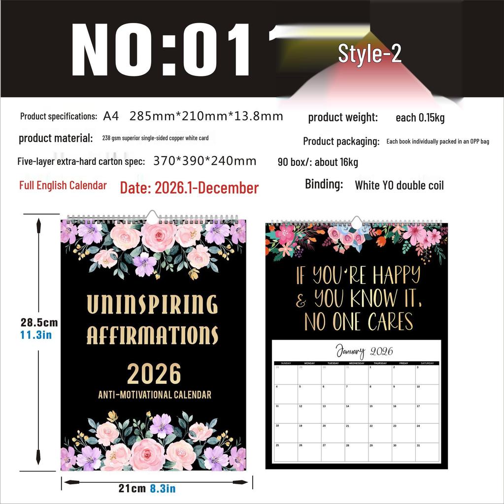 2026 English Wall Calendar - New Styles with Countdown Feature, Various Designs Available