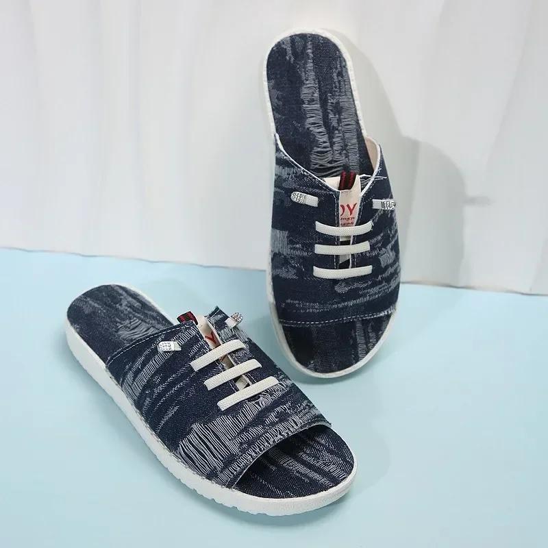 Women's Slippers Lace Up Flat Denim Beach Fish Mouth Shoes Casual Design Comfortable Femme Zapatillas Plus Size 36~43