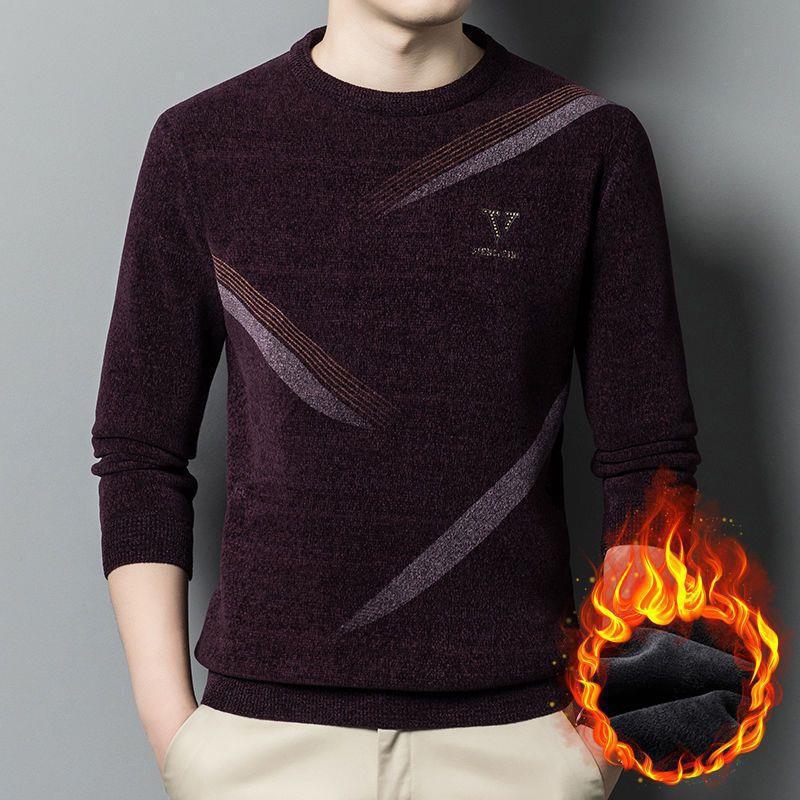 Winter Men's Crewneck Long Sleeve Sweater New Men's Chenille Plus Fleece Knit Sweater Men's Casual Men's Undercoat