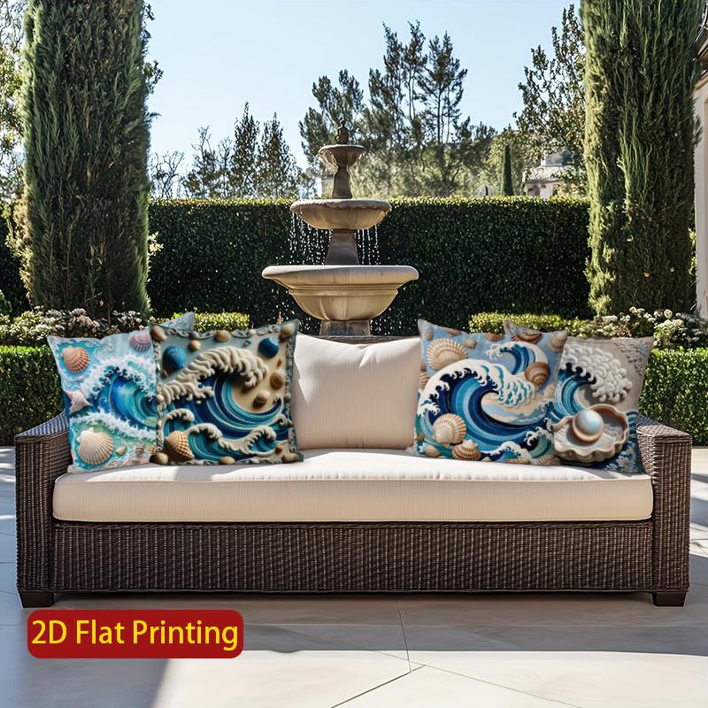 2D Seashell & Wave Pattern Decorative Pillow Covers Pattern Cushion Cover Suitable For Sofa Bedroom Car Pillow Cover