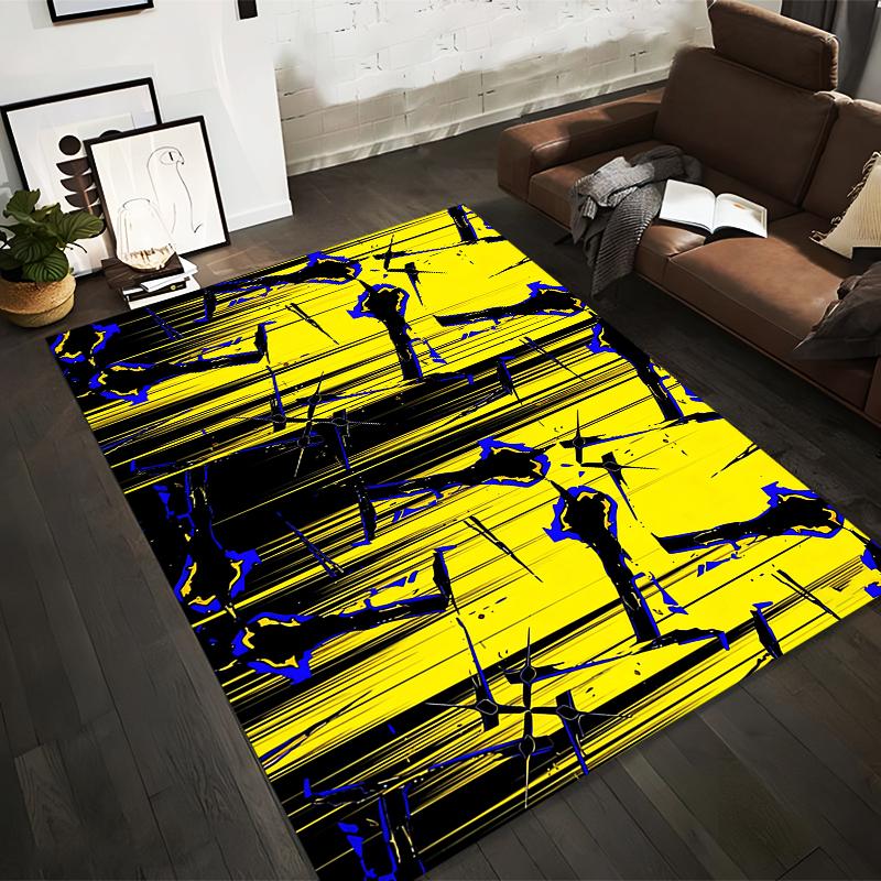 Abstract Yellow and Black Modern Area Rug with Blue Accents Suitable for use as an anti-slip for living room bedroom sofas