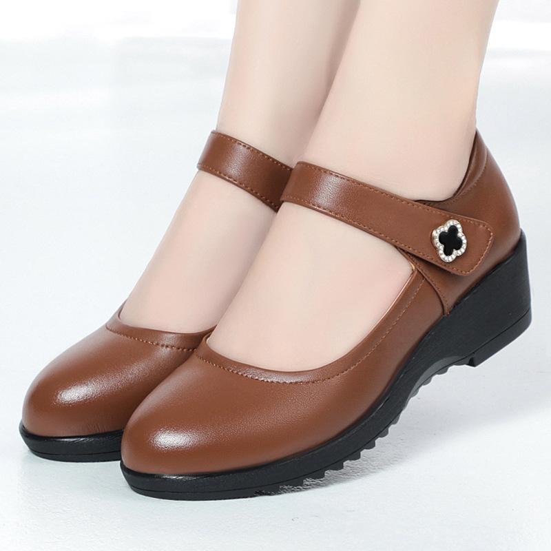 Fashion Women's Wedge Shoes Women Ankle Strap Casual Flat Shoes Woman Work Office Pumps Comfort Genuine Leather Shallow Mouth Mom Shoes