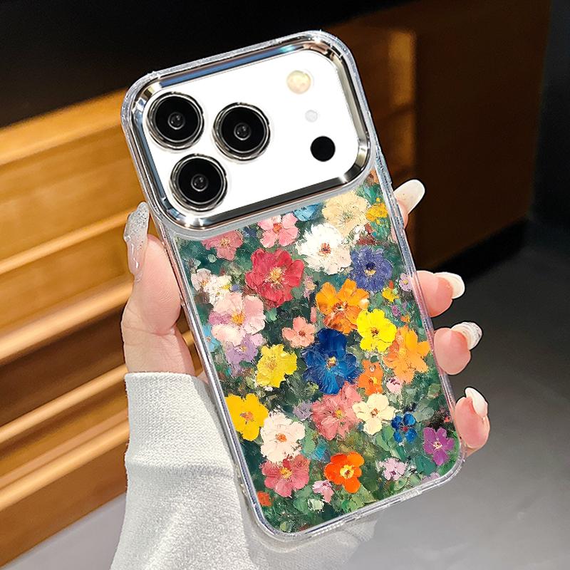 INS Watercolor Floral Case For iPhone 17 Pro Max iPhone 16 15 14 13 Pro Max 11 17e 16e Plating Lens Frame Clear Soft Silicone Back Cover