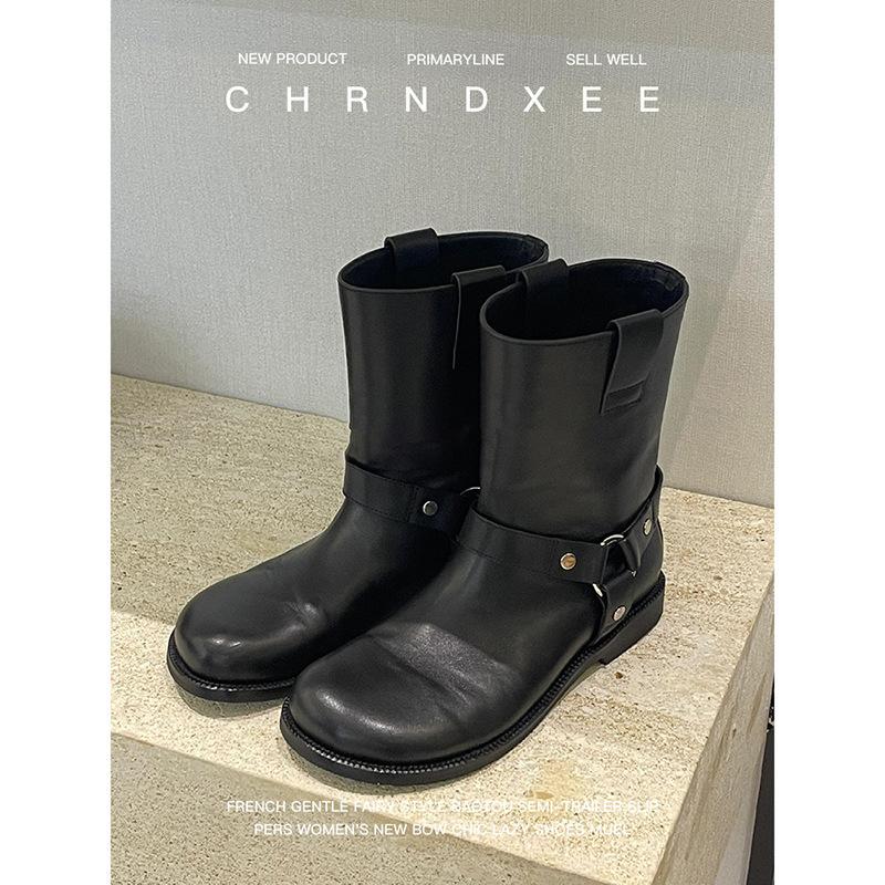 

Версия из коровьей кожи~ ретро круглый носок кожаные полусапоги женские 2025 новые ботинки-локомотивы металлический ремень плоская подошва ботинки Мартин 40 чёрный