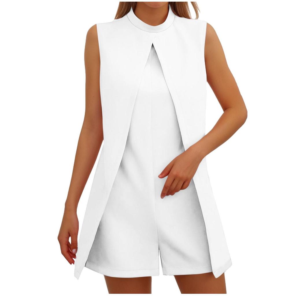 Combinaison courte sans manches à col rond pour femme, couleur unie