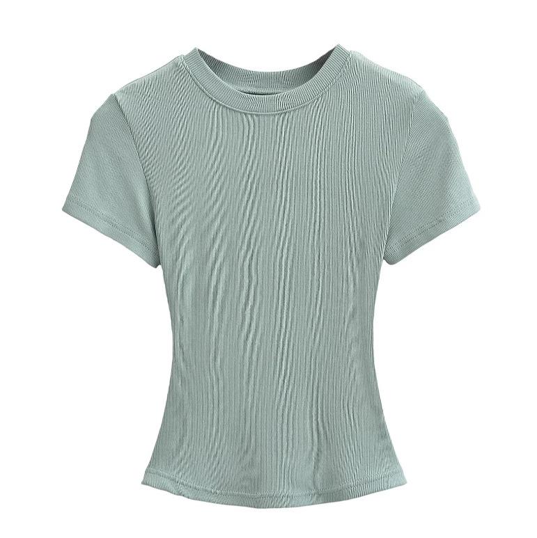 Summer New Female American Spice Girl Solid Color Crew Neck Short Sleeve T-Shirt Basic Threaded Bottom Top