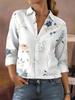Casual and Fashionable Women's Outdoor Long-sleeved Cardigan Shirt with Blue and Yellow Flowers On White Background