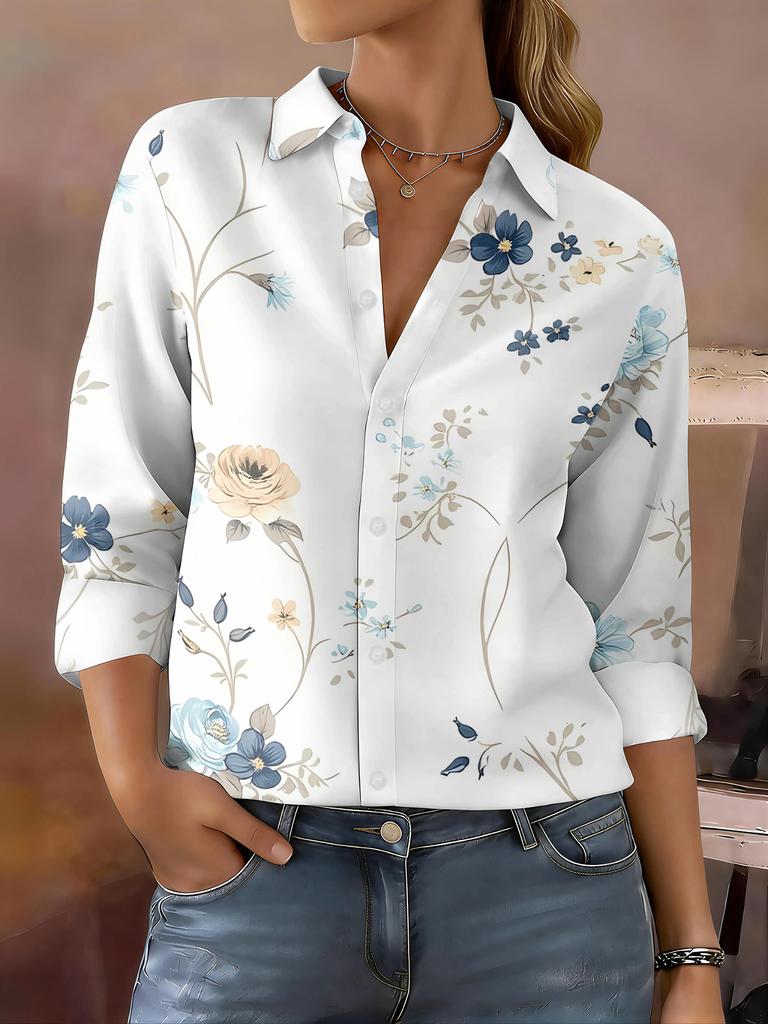 Casual and Fashionable Women's Outdoor Long-sleeved Cardigan Shirt with Blue and Yellow Flowers On White Background