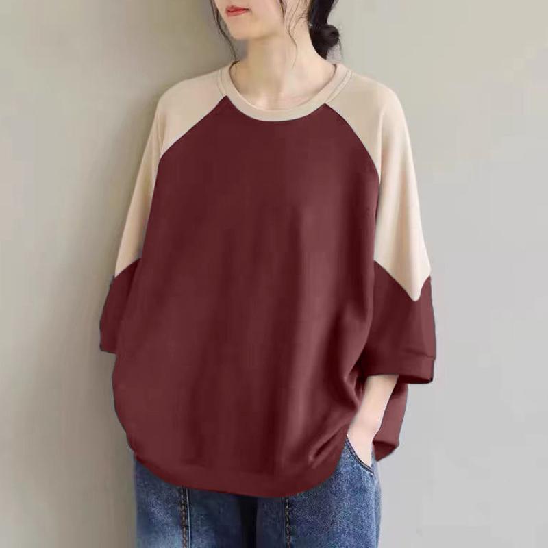 

ZANZEA Женская осенняя футболка с круглым вырезом и рукавом 3/4 в стиле колор-блок S вино красного