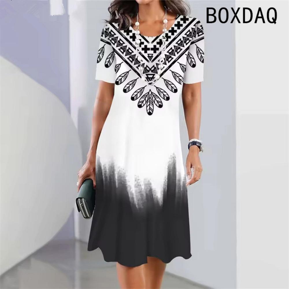 

Vintage Elegant Women Dress Summer Short Sleeve O-Neck Casual A-Line Dress Black White Gradient 3D Digital Printing Dress XL