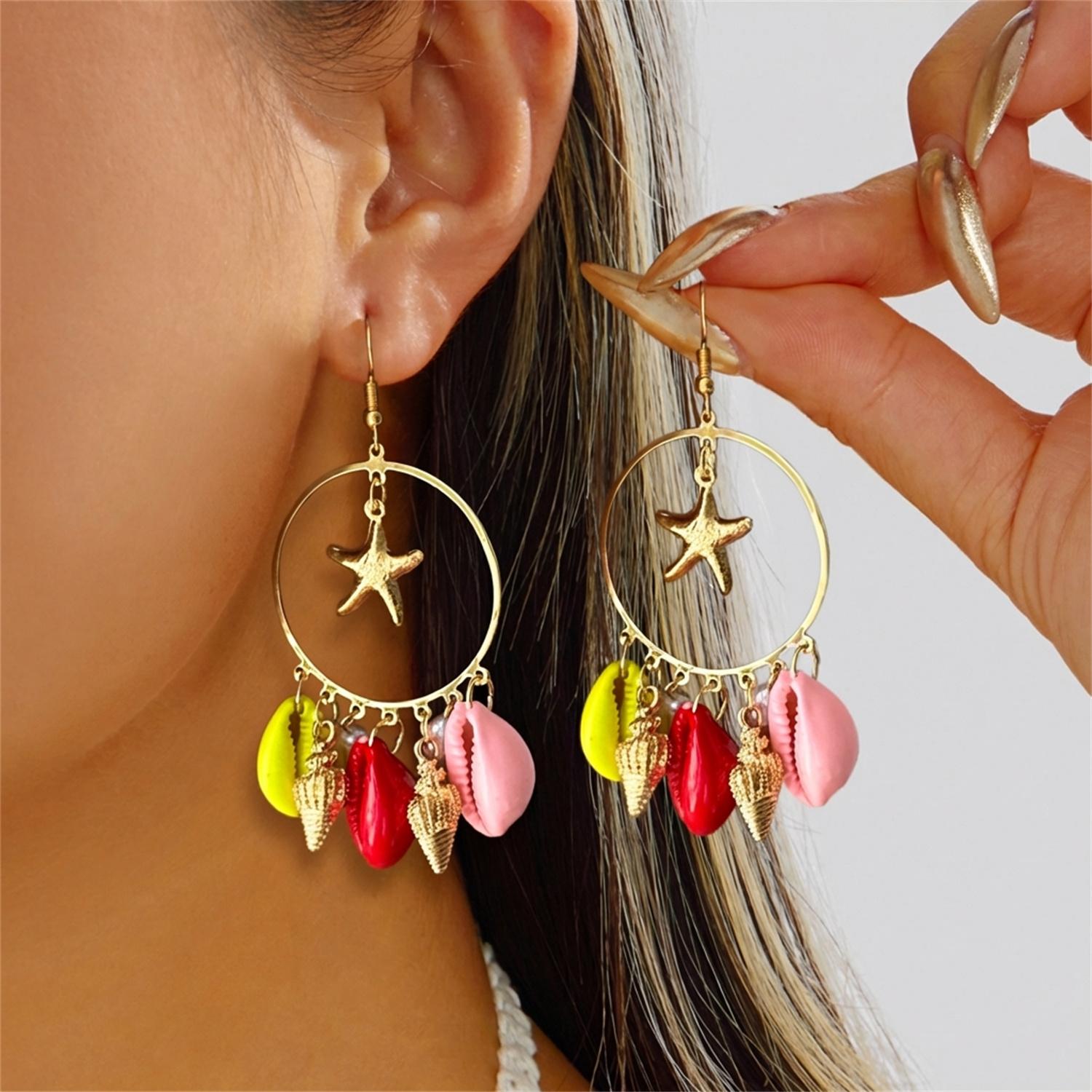 

Exaggerated Multi Shell Pendant Hoop Earrings for Women Boho Colorful Conch Starfish Dangle Earring Summer Beach Party Jewelry