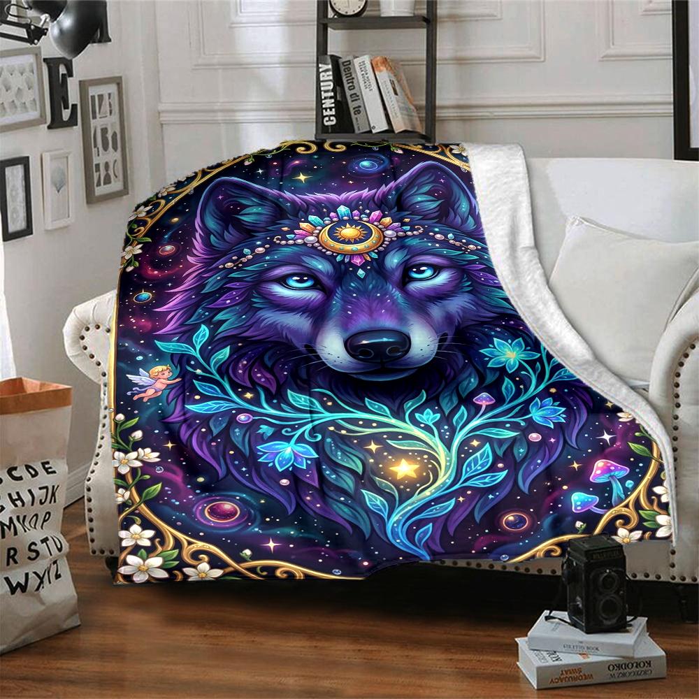 1Pc Wolf Spirit Fantasy Flannel Blanket, Soft And Comfortable, Casual Warm, Camping Travel, Christmas, Halloween Xmas Gift. G185