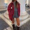 Wine Red Women  Leather Jackets Fashion Lapel Long Sleeve Zipper Pockets Bomber Jacket Coats Lady Casual Outerwear