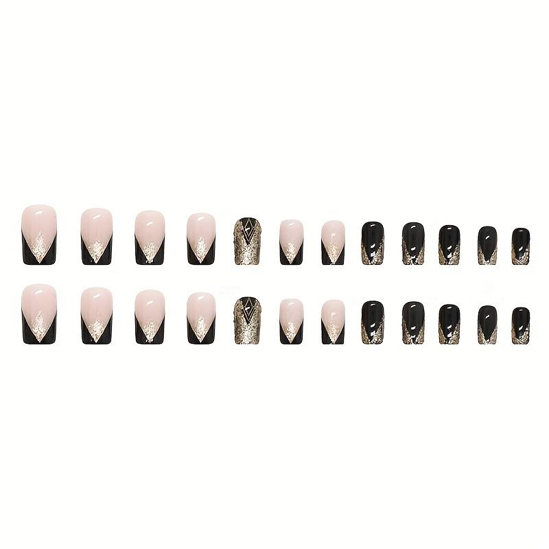 24pcs Short Square Shape Press On Nails, Fake Nail With Golden Glitter Powder Decor, Golden Black Fake Nails, Glossy Acrylic Full Cover Nails