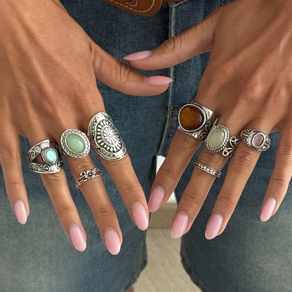 8Pcs/Set Carved Wide Band Stackable Rings Antique Silver Tone Carved Pattern Rings  Daily Match