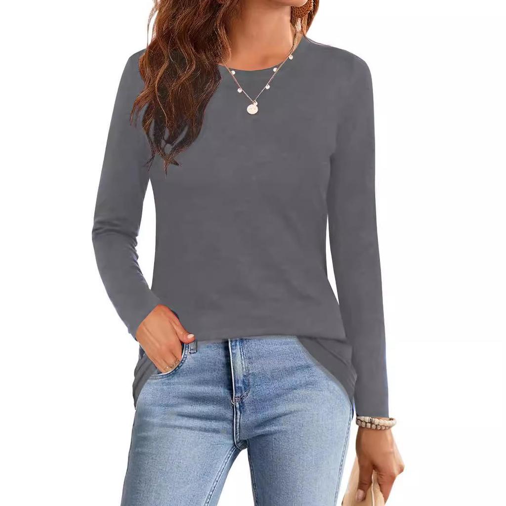 2024 Women's Casual Solid Color Long-Sleeve Round Neck T-Shirt - European & American Fashion Autumn Edition