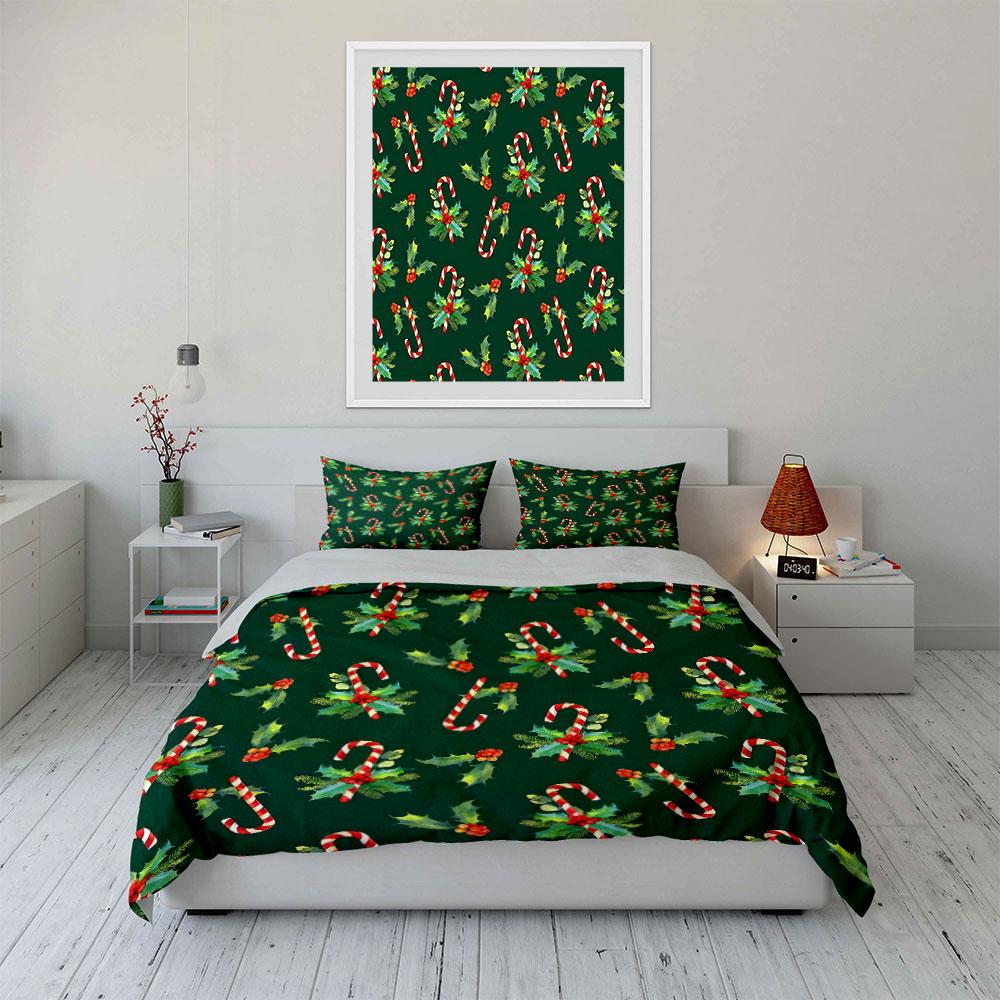 Candy Cane and Holly Pattern Bedding Duvet Cover Set Duvet Cover Pillowcases  (1*Duvet Cover 2*Pillowcases, without duvet insert)